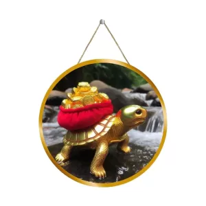 Golden Feng Shui Tortoise Figurine 12x12 Inch Round Religious Photo Frame | Spiritual Wall Decor For Home Temple, Pooja Room & Office | Divine Wall Art Picture For Worship, Meditation & Gift (F13522)