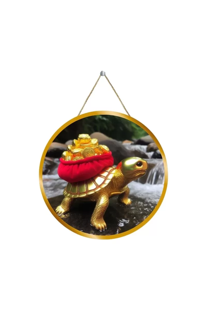 Golden Feng Shui Tortoise Figurine 12x12 Inch Round Religious Photo Frame | Spiritual Wall Decor For Home Temple, Pooja Room & Office | Divine Wall Art Picture For Worship, Meditation & Gift (F13522)