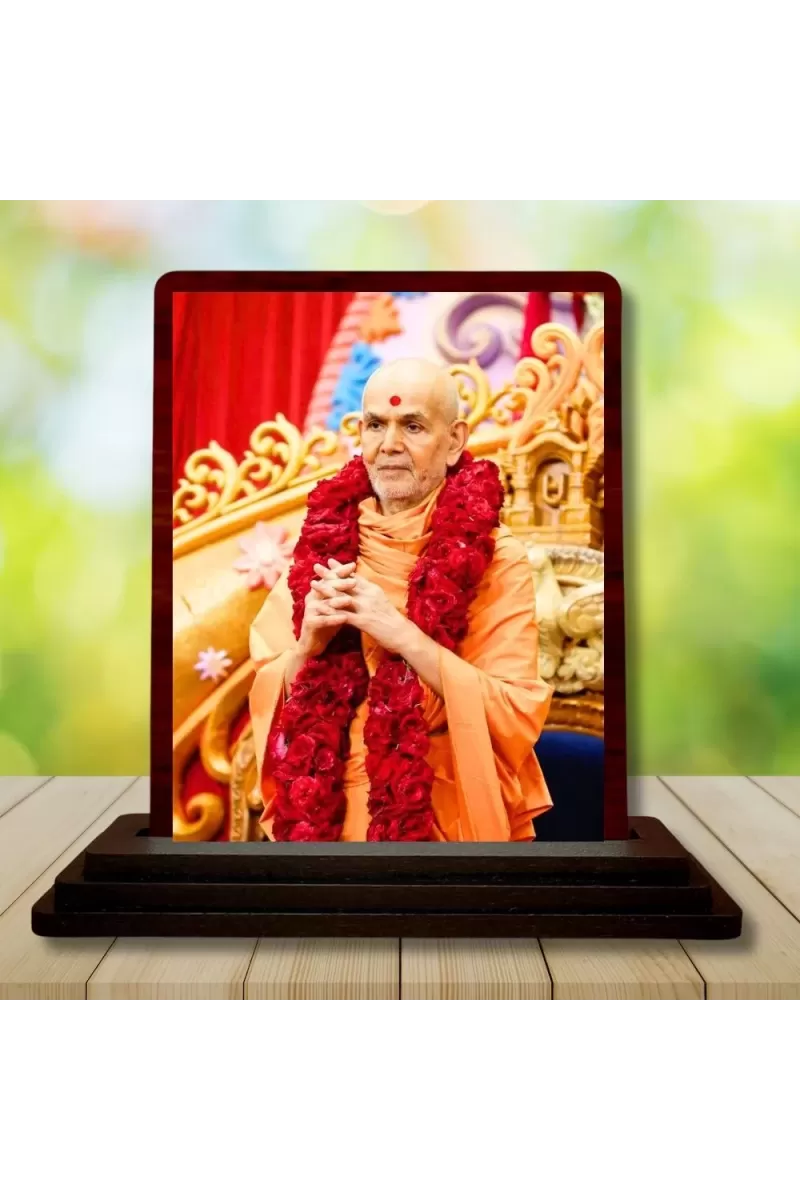 Car Desk/Table Top  Mahant Swami Maharaj Wooden Photo Stand  3x4 Inches, Compact & Stylish Spiritual Display For Car, Home & Office (Pack Of 1) (F14142)