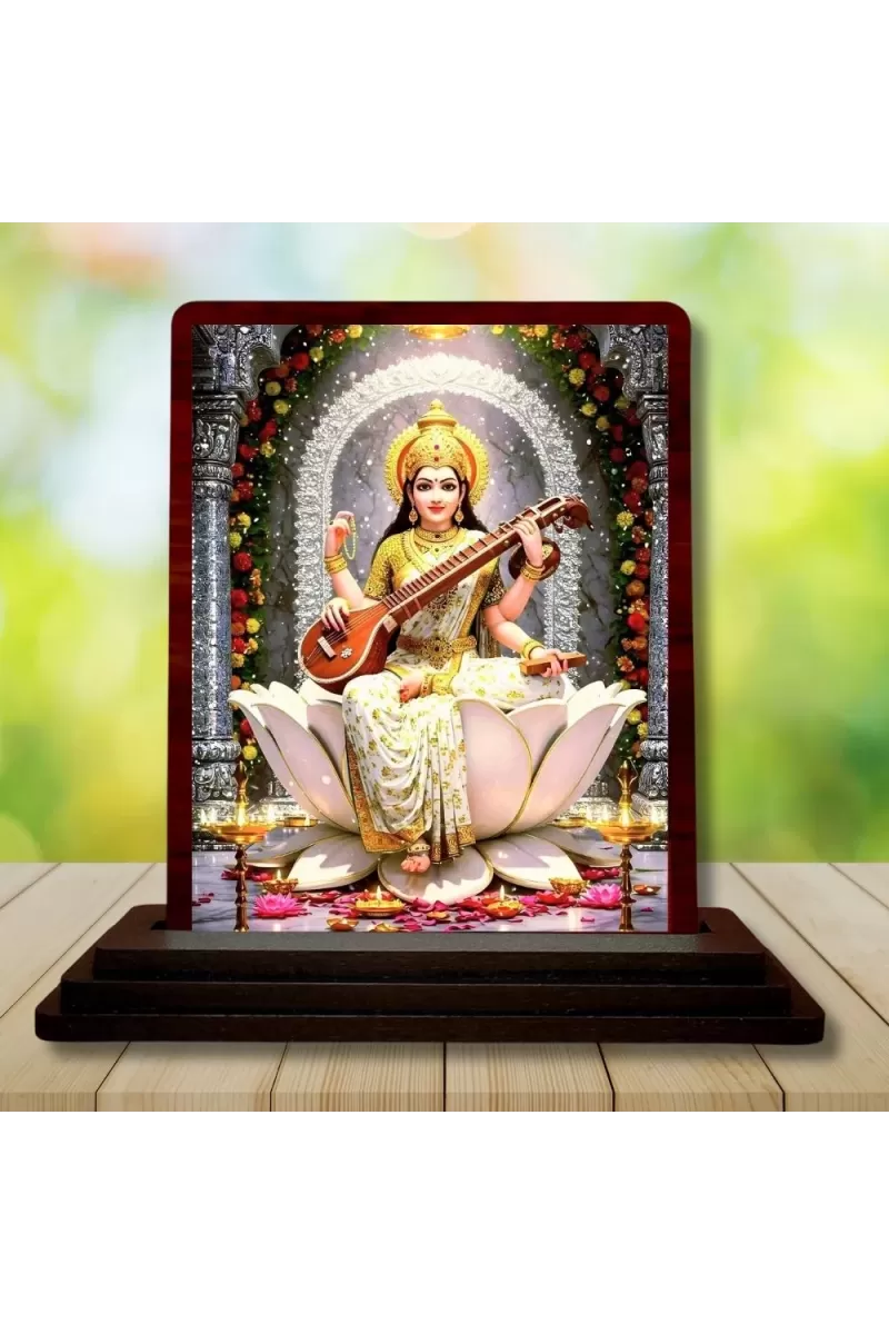Car Desk/Table Top Goddess Saraswathi Wooden Photo Stand  3x4 Inches, Compact & Stylish Spiritual Display For Car, Home & Office (Pack Of 1) (F14151)