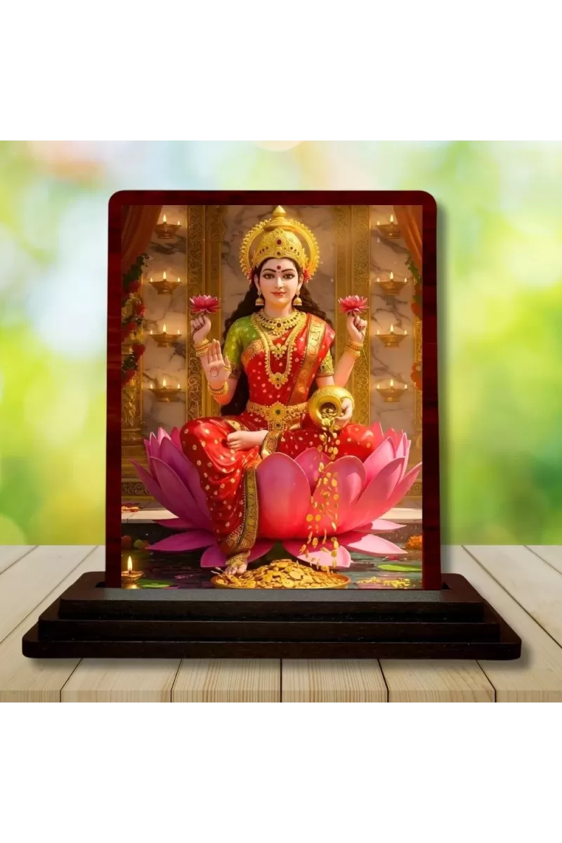 Car Desk/Table Top Goddess Lakshmi Wooden Photo Stand  3x4 Inches, Compact & Stylish Spiritual Display For Car, Home & Office (Pack Of 1) (F14152)