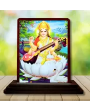 Car Desk/Table Top Goddess Saraswathi Wooden Photo Stand  3x4 Inches, Compact & Stylish Spiritual Display For Car, Home & Office (Pack Of 1) (F14137)