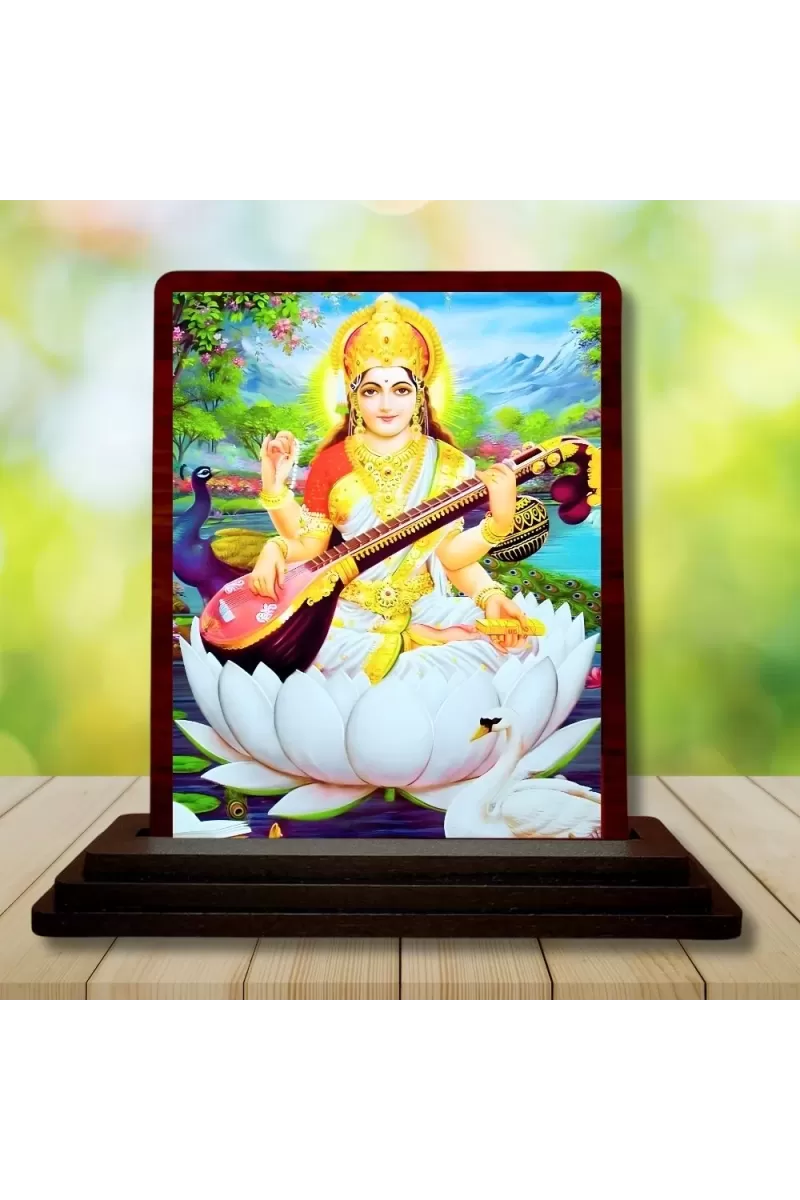 Car Desk/Table Top Goddess Saraswathi Wooden Photo Stand  3x4 Inches, Compact & Stylish Spiritual Display For Car, Home & Office (Pack Of 1) (F14137)