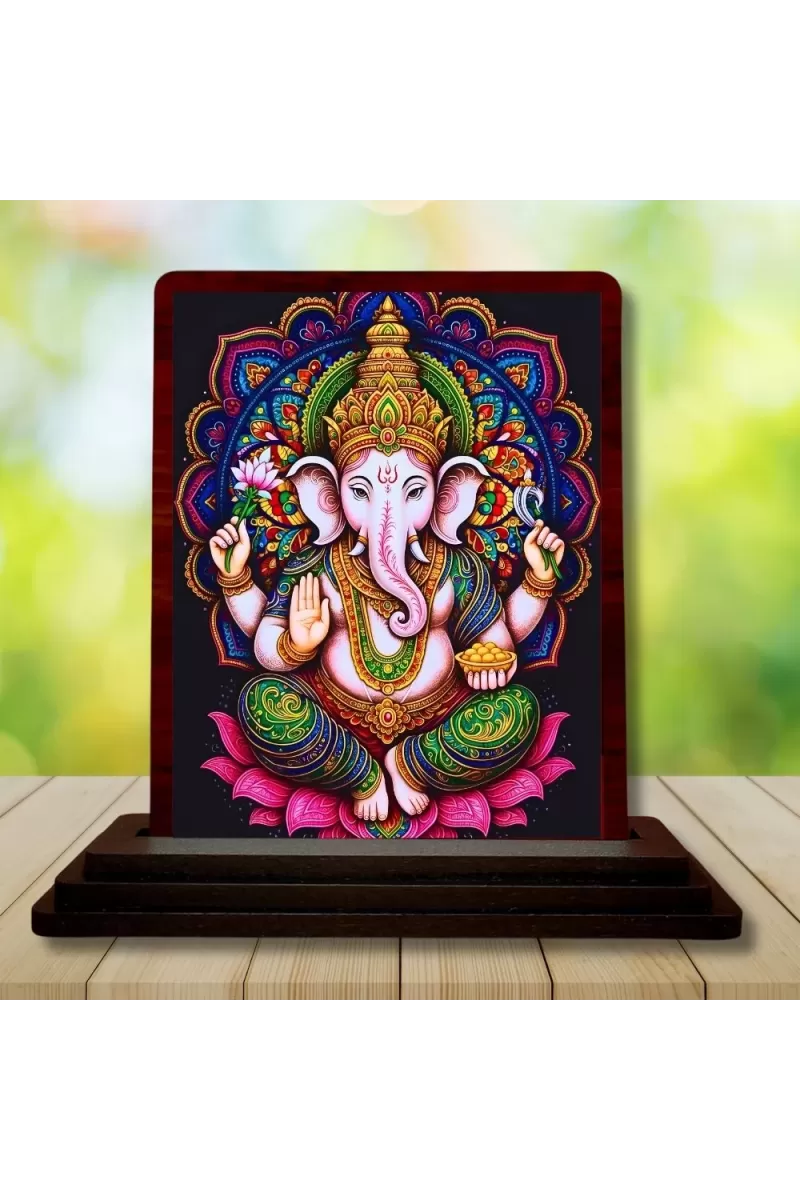 Car Desk/Table Top Lord Ganesha Wooden Photo Stand  3x4 Inches, Compact & Stylish Spiritual Display For Car, Home & Office (Pack Of 1) (F14155)
