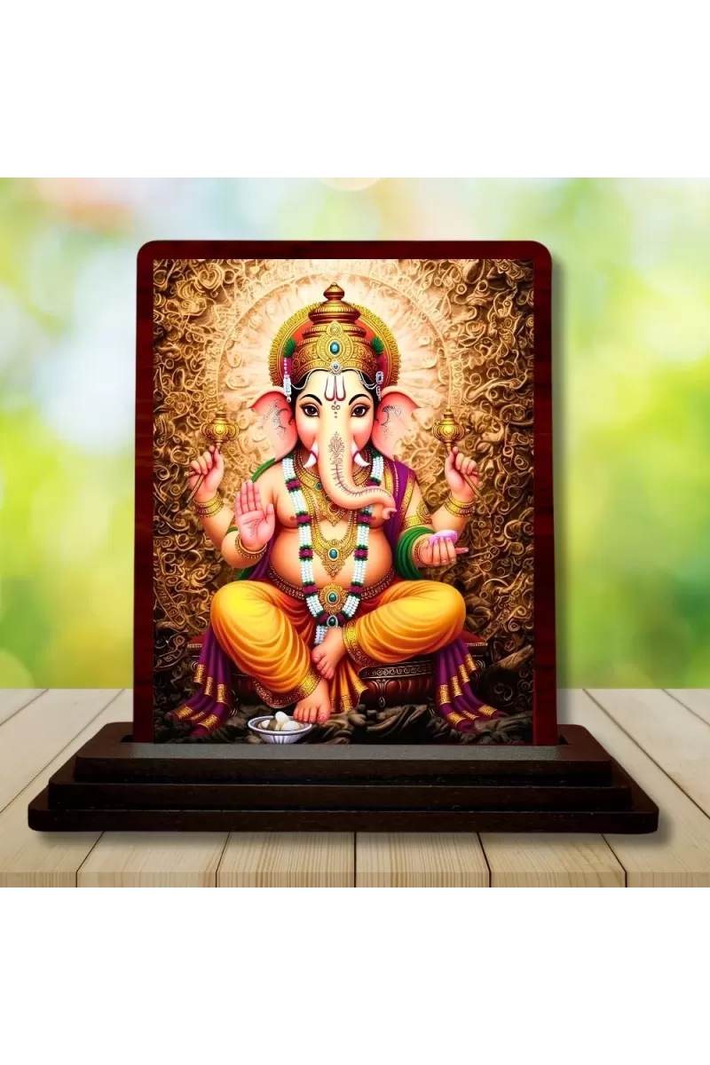 Car Desk/Table Top Lord Ganesha Wooden Photo Stand  3x4 Inches, Compact & Stylish Spiritual Display For Car, Home & Office (Pack Of 1) (F14158)