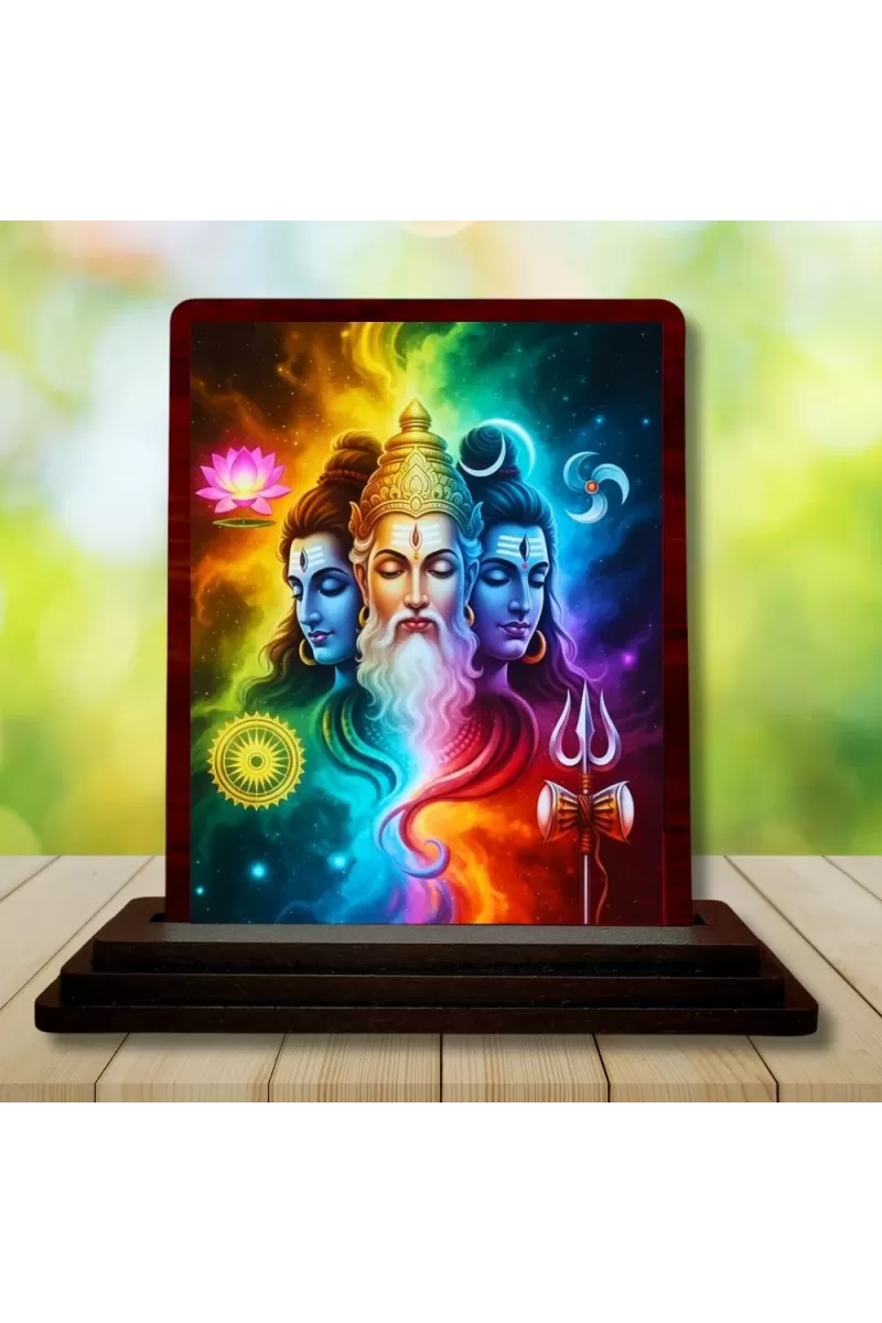 Car Desk/Table Top Bramha Vishnu Shiva Wooden Photo Stand  3x4 Inches, Compact & Stylish Spiritual Display For Car, Home & Office (Pack Of 1) (F14162)