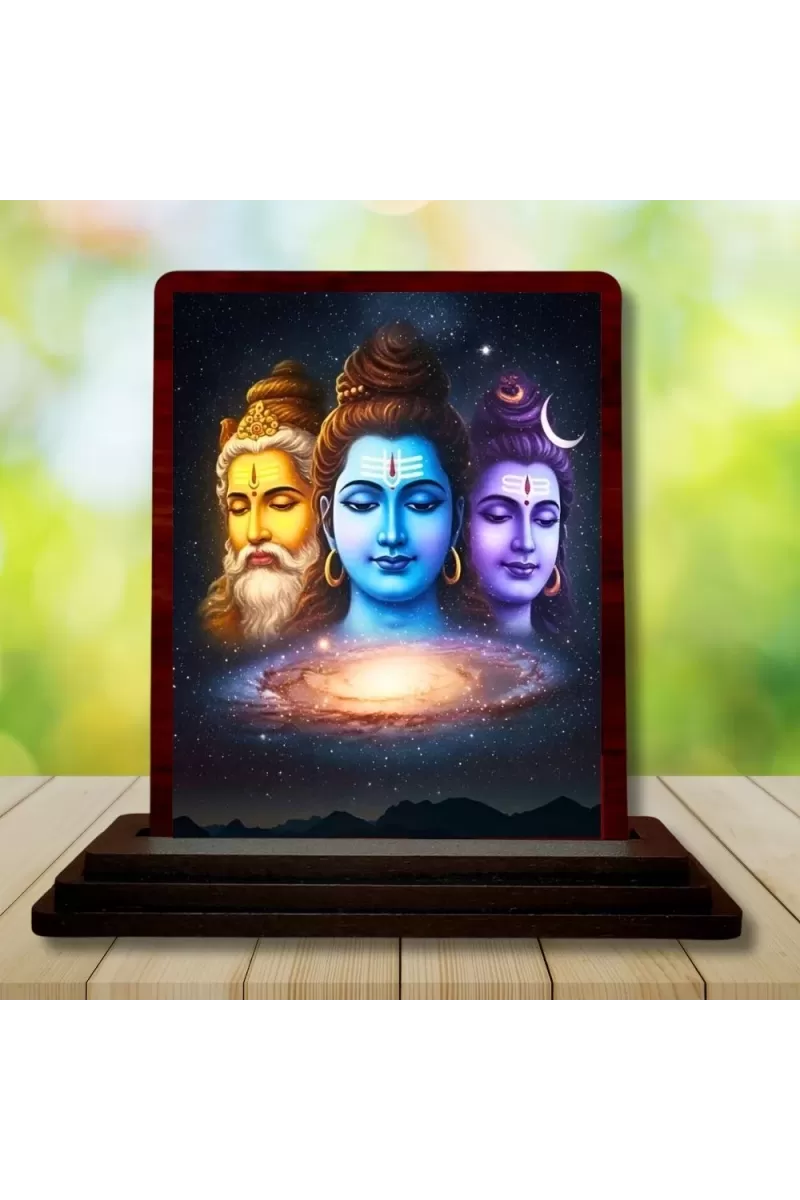 Car Desk/Table Top Bramha Vishnu Shiva Wooden Photo Stand  3x4 Inches, Compact & Stylish Spiritual Display For Car, Home & Office (Pack Of 1) (F14163)