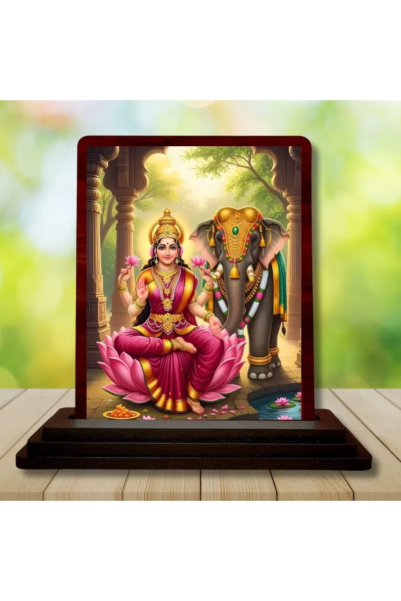 Car Desk/Table Top Goddess Lakshmi Wooden Photo Stand  3x4 Inches, Compact & Stylish Spiritual Display For Car, Home & Office (Pack Of 1) (F14168)