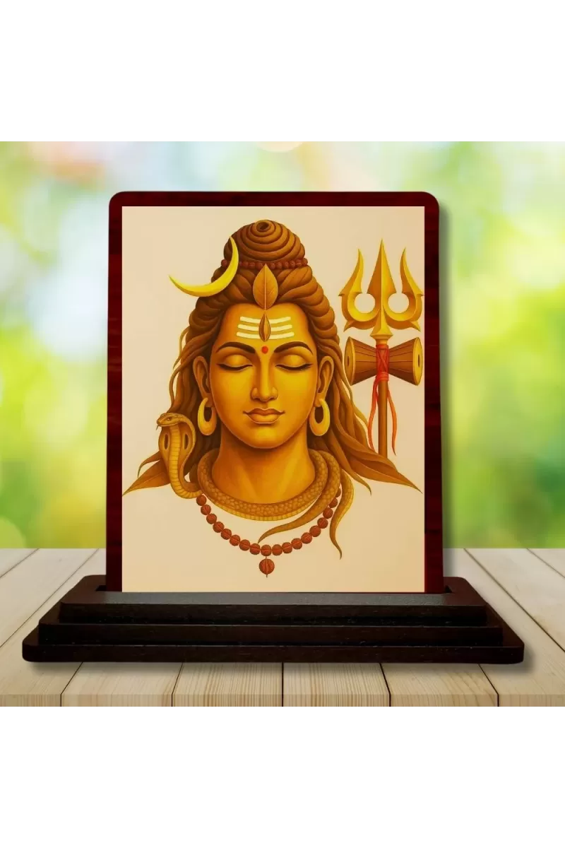 Car Desk/Table Top Lord Shiva Wooden Photo Stand  3x4 Inches, Compact & Stylish Spiritual Display For Car, Home & Office (Pack Of 1) (F14180)