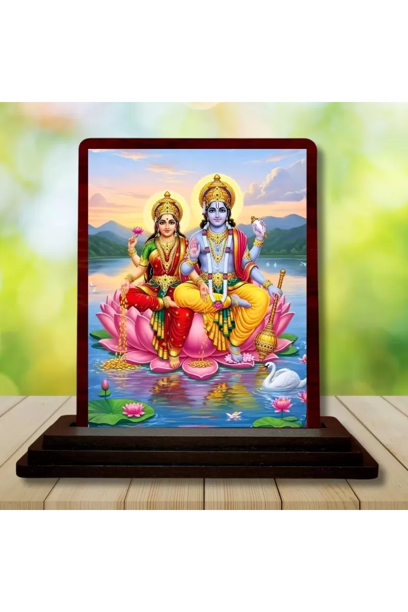 Car Desk/Table Top Lord Vishnu Lakshmi Wooden Photo Stand  3x4 Inches, Compact & Stylish Spiritual Display For Car, Home & Office (Pack Of 1) (F14190)