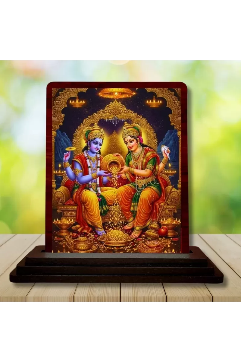 Car Desk/Table Top Lord Vishnu Lakshmi Wooden Photo Stand  3x4 Inches, Compact & Stylish Spiritual Display For Car, Home & Office (Pack Of 1) (F14191)