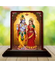 Car Desk/Table Top Radha Krishna Wooden Photo Stand  3x4 Inches, Compact & Stylish Spiritual Display For Car, Home & Office (Pack Of 1) (F14192)