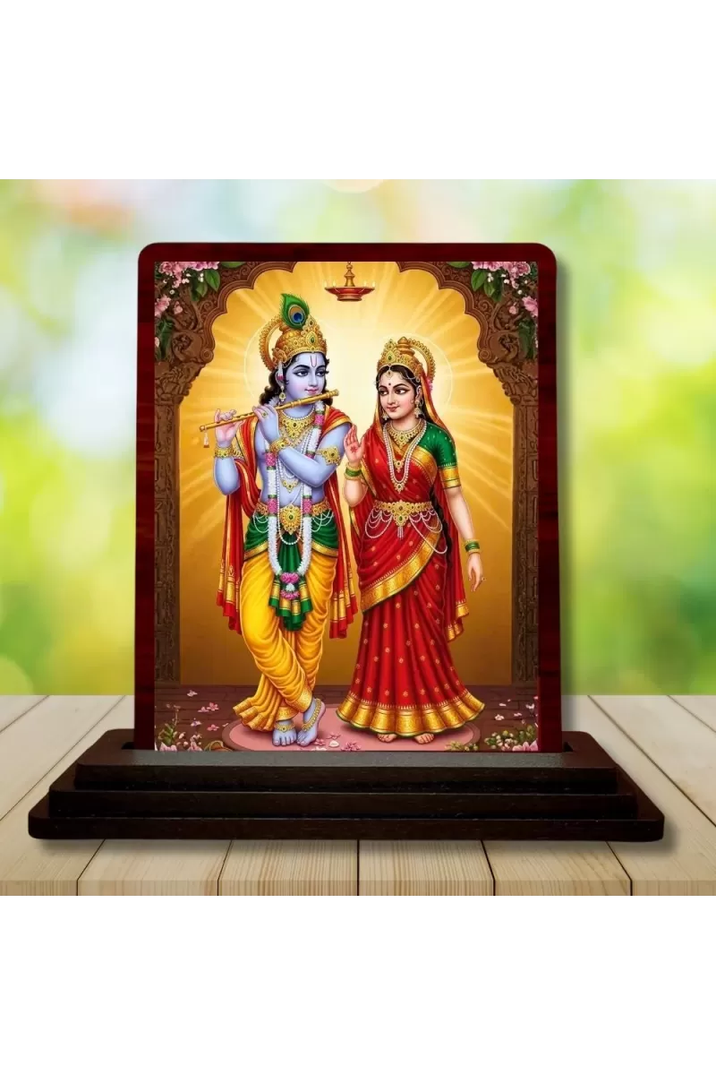 Car Desk/Table Top Radha Krishna Wooden Photo Stand  3x4 Inches, Compact & Stylish Spiritual Display For Car, Home & Office (Pack Of 1) (F14192)