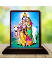 Car Desk/Table Top Radha Krishna Wooden Photo Stand  3x4 Inches, Compact & Stylish Spiritual Display For Car, Home & Office (Pack Of 1) (F14213)