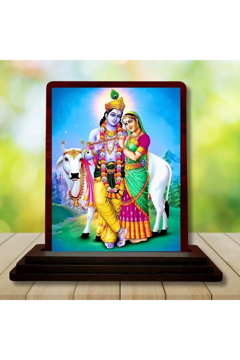 Car Desk/Table Top Radha Krishna Wooden Photo Stand  3x4 Inches, Compact & Stylish Spiritual Display For Car, Home & Office (Pack Of 1) (F14213)