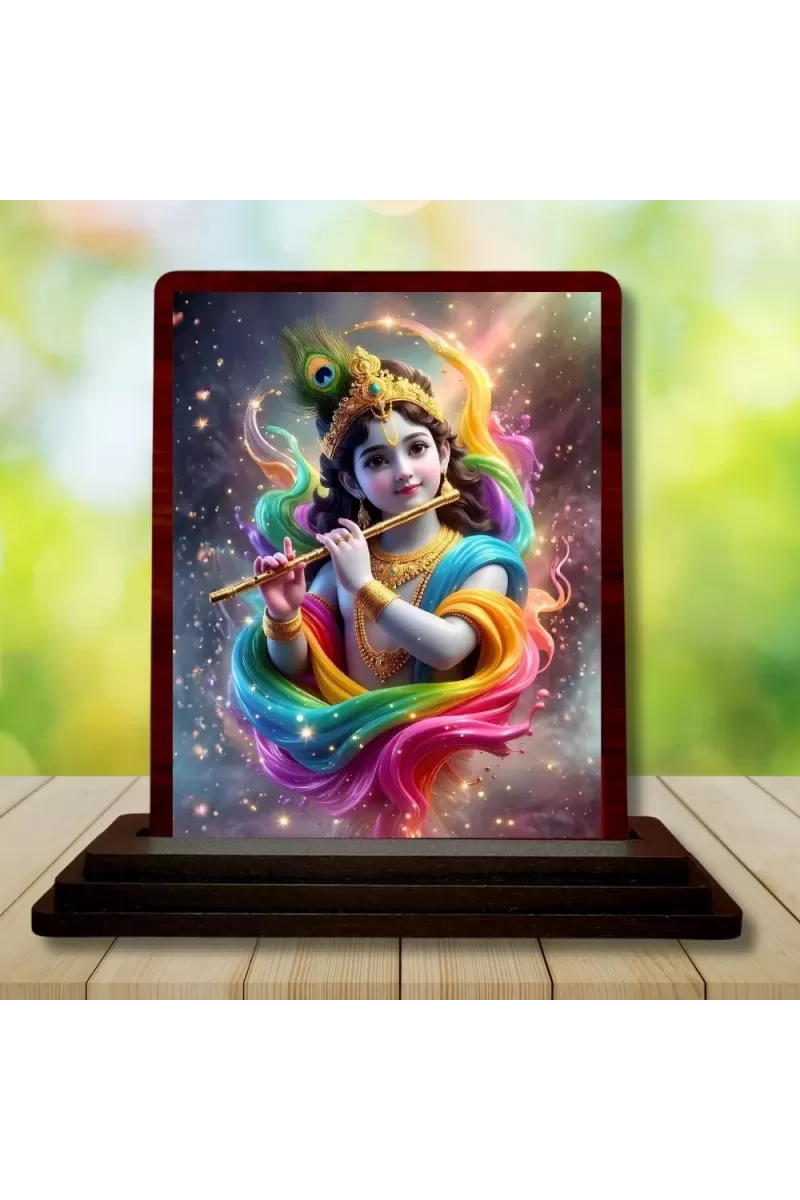 Car Desk/Table Top Lord Krishna Wooden Photo Stand  3x4 Inches, Compact & Stylish Spiritual Display For Car, Home & Office (Pack Of 1) (F14216)