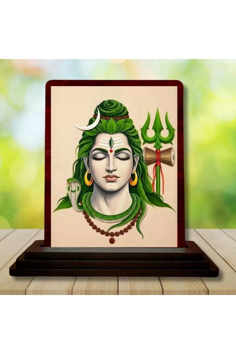 Car Desk/Table Top Lord Shiva Wooden Photo Stand  3x4 Inches, Compact & Stylish Spiritual Display For Car, Home & Office (Pack Of 1) (F14218)