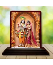 Car Desk/Table Top Radha Krishna Wooden Photo Stand  3x4 Inches, Compact & Stylish Spiritual Display For Car, Home & Office (Pack Of 1) (F14220)