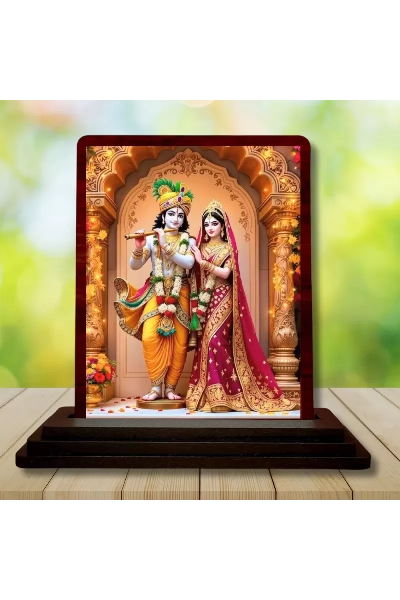 Car Desk/Table Top Radha Krishna Wooden Photo Stand  3x4 Inches, Compact & Stylish Spiritual Display For Car, Home & Office (Pack Of 1) (F14220)