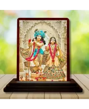 Car Desk/Table Top Radha Krishna Wooden Photo Stand  3x4 Inches, Compact & Stylish Spiritual Display For Car, Home & Office (Pack Of 1) (F14221)