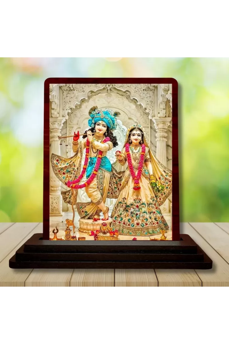Car Desk/Table Top Radha Krishna Wooden Photo Stand  3x4 Inches, Compact & Stylish Spiritual Display For Car, Home & Office (Pack Of 1) (F14221)
