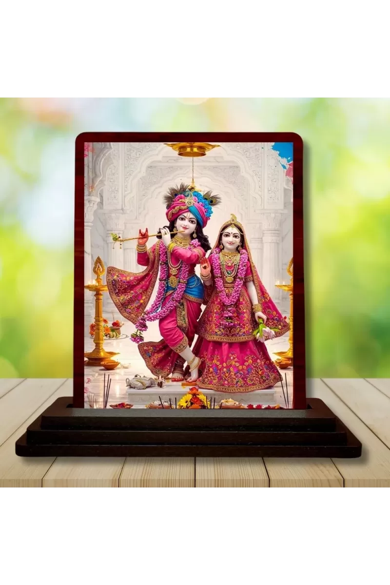 Car Desk/Table Top Radha Krishna Wooden Photo Stand  3x4 Inches, Compact & Stylish Spiritual Display For Car, Home & Office (Pack Of 1) (F14222)