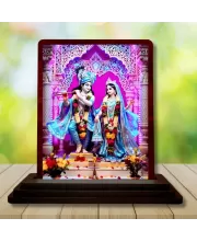 Car Desk/Table Top Radha Krishna Wooden Photo Stand  3x4 Inches, Compact & Stylish Spiritual Display For Car, Home & Office (Pack Of 1) (F14223)
