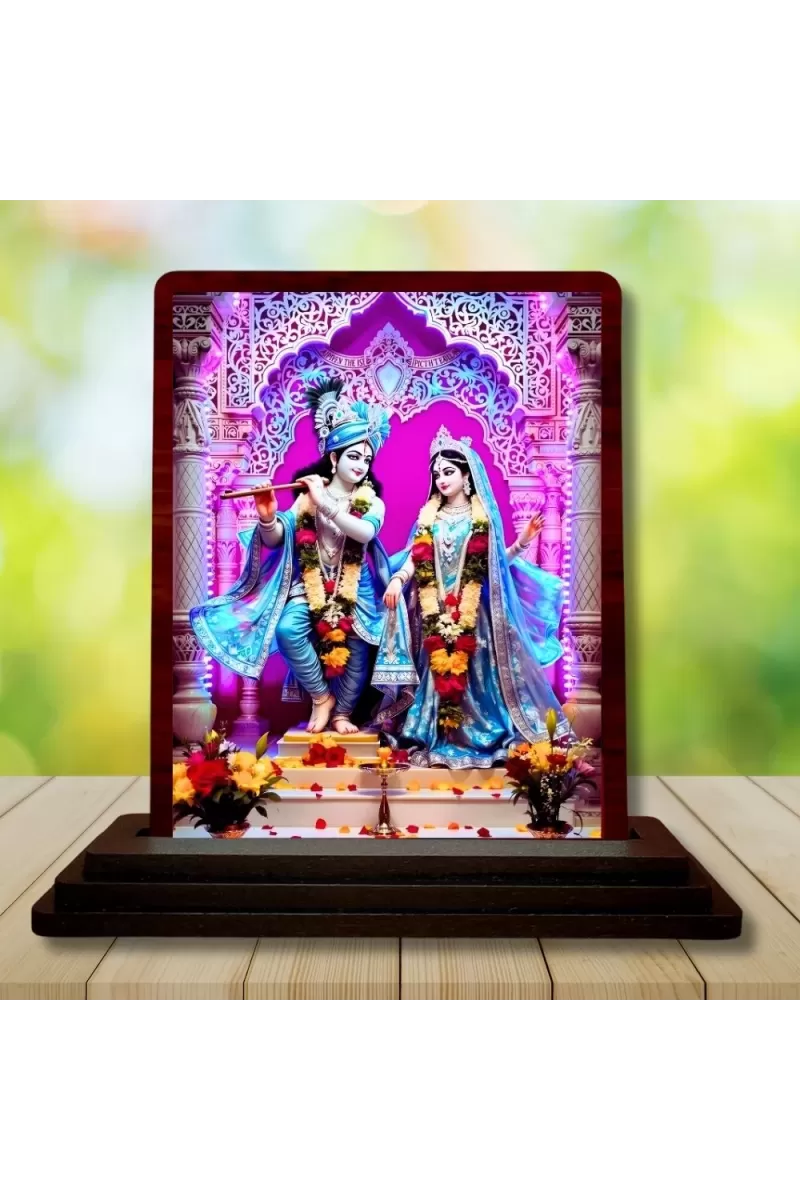Car Desk/Table Top Radha Krishna Wooden Photo Stand  3x4 Inches, Compact & Stylish Spiritual Display For Car, Home & Office (Pack Of 1) (F14223)