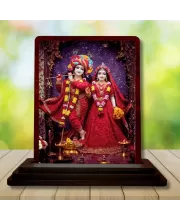 Car Desk/Table Top Radha Krishna Wooden Photo Stand  3x4 Inches, Compact & Stylish Spiritual Display For Car, Home & Office (Pack Of 1) (F14225)