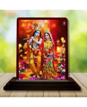 Car Desk/Table Top Radha Krishna Wooden Photo Stand  3x4 Inches, Compact & Stylish Spiritual Display For Car, Home & Office (Pack Of 1) (F14226)