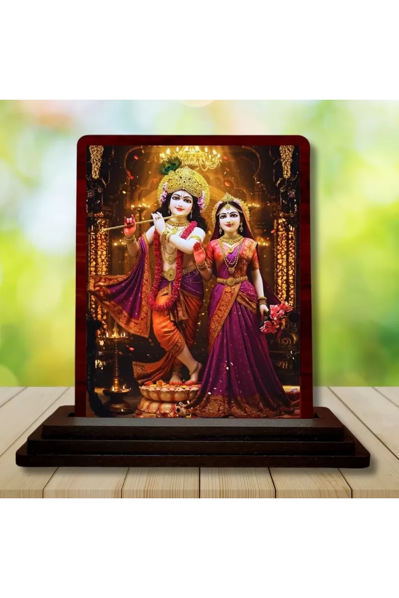 Car Desk/Table Top Radha Krishna Wooden Photo Stand  3x4 Inches, Compact & Stylish Spiritual Display For Car, Home & Office (Pack Of 1) (F14227)