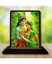 Car Desk/Table Top Radha Krishna Wooden Photo Stand  3x4 Inches, Compact & Stylish Spiritual Display For Car, Home & Office (Pack Of 1) (F14228)
