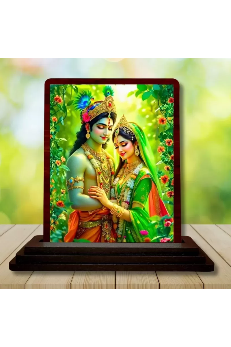 Car Desk/Table Top Radha Krishna Wooden Photo Stand  3x4 Inches, Compact & Stylish Spiritual Display For Car, Home & Office (Pack Of 1) (F14228)