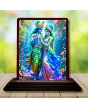 Car Desk/Table Top Radha Krishna Wooden Photo Stand  3x4 Inches, Compact & Stylish Spiritual Display For Car, Home & Office (Pack Of 1) (F14229)