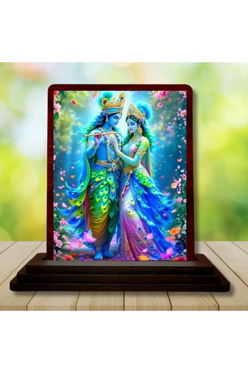 Car Desk/Table Top Radha Krishna Wooden Photo Stand  3x4 Inches, Compact & Stylish Spiritual Display For Car, Home & Office (Pack Of 1) (F14229)