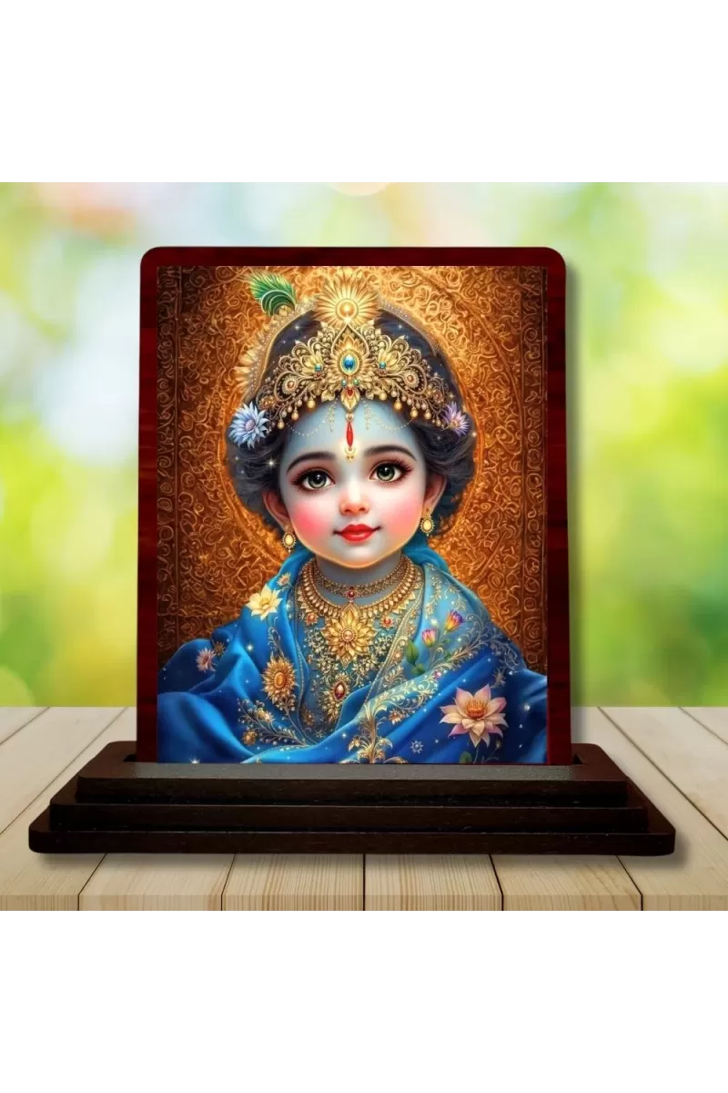 Car Desk/Table Top Lord Little Krishna Wooden Photo Stand  3x4 Inches, Compact & Stylish Spiritual Display For Car, Home & Office (Pack Of 1) (F14230)