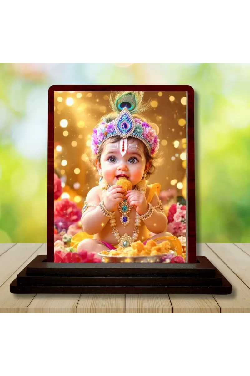 Car Desk/Table Top Lord Little Krishna Wooden Photo Stand  3x4 Inches, Compact & Stylish Spiritual Display For Car, Home & Office (Pack Of 1) (F14231)