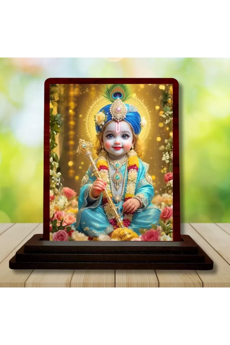Car Desk/Table Top Lord Little Krishna Wooden Photo Stand  3x4 Inches, Compact & Stylish Spiritual Display For Car, Home & Office (Pack Of 1) (F14232)