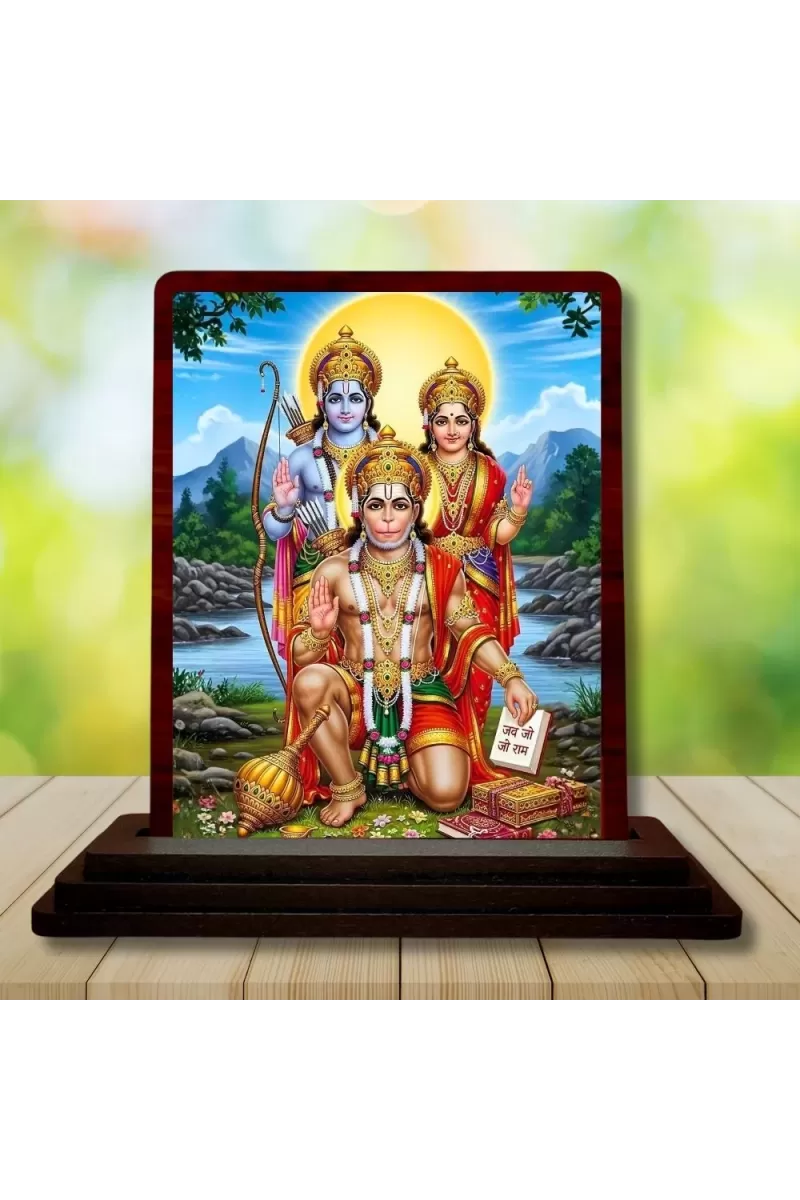 Car Desk/Table Top Lord Hanuman And Rama Sita Wooden Photo Stand  3x4 Inches, Compact & Stylish Spiritual Display For Car, Home & Office (Pack Of 1) (F14239)