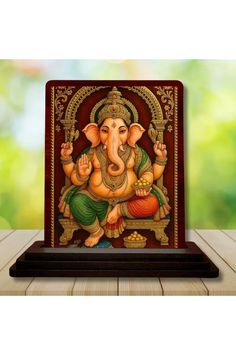 Car Desk/Table Top Lord Ganapathi Wooden Photo Stand  3x4 Inches, Compact & Stylish Spiritual Display For Car, Home & Office (Pack Of 1) (F14241)