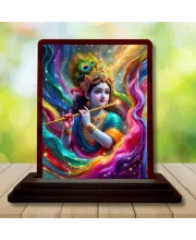 Car Desk/Table Top Lord Krishna Wooden Photo Stand  3x4 Inches, Compact & Stylish Spiritual Display For Car, Home & Office (Pack Of 1) (F14245)