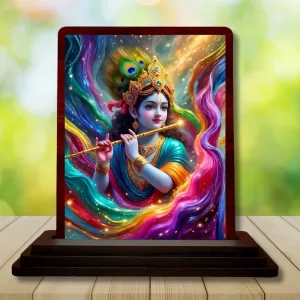 Car Desk/Table Top Lord Krishna Wooden Photo Stand  3x4 Inches, Compact & Stylish Spiritual Display For Car, Home & Office (Pack Of 1) (F14245)