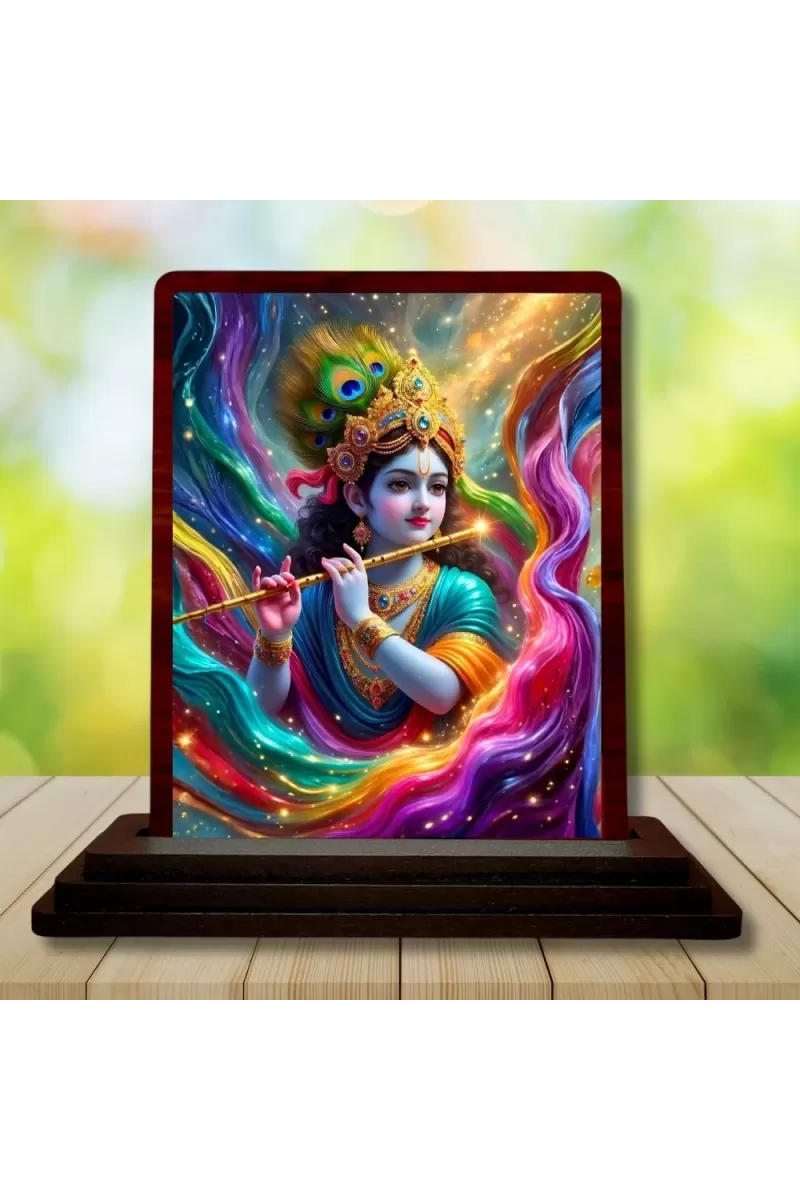 Car Desk/Table Top Lord Krishna Wooden Photo Stand  3x4 Inches, Compact & Stylish Spiritual Display For Car, Home & Office (Pack Of 1) (F14245)