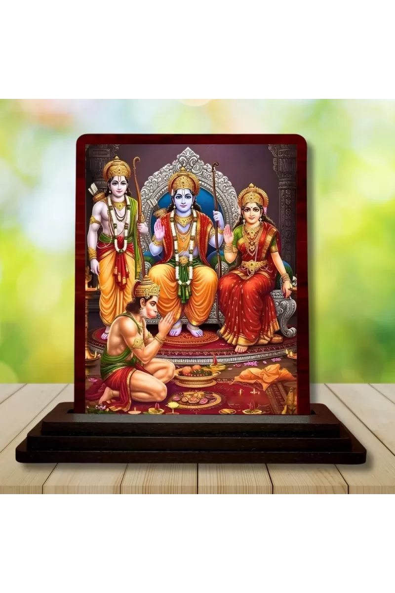Car Desk/Table Top Lord Rama Darbar Wooden Photo Stand  3x4 Inches, Compact & Stylish Spiritual Display For Car, Home & Office (Pack Of 1) (F14246)