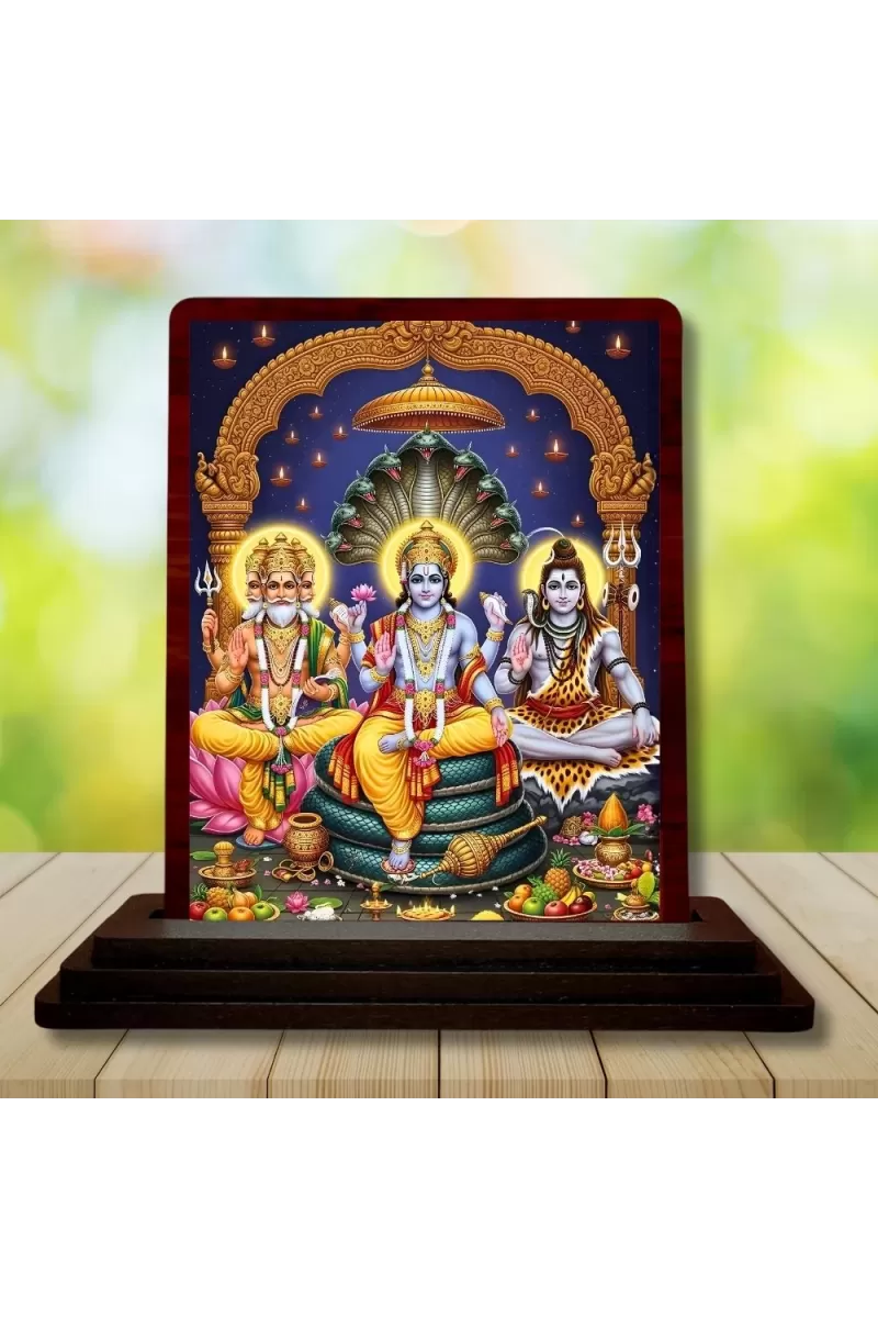 Car Desk/Table Top Bramha Vishnu Shiva Wooden Photo Stand  3x4 Inches, Compact & Stylish Spiritual Display For Car, Home & Office (Pack Of 1) (F14248)