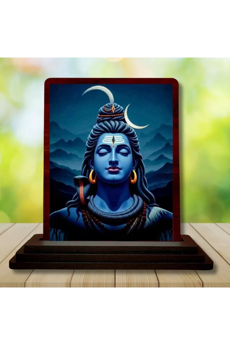 Car Desk/Table Top Lord Shiva Wooden Photo Stand  3x4 Inches, Compact & Stylish Spiritual Display For Car, Home & Office (Pack Of 1) (F14256)