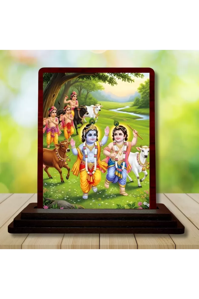 Car Desk/Table Top Lord Krishna Wooden Photo Stand  3x4 Inches, Compact & Stylish Spiritual Display For Car, Home & Office (Pack Of 1) (F14271)