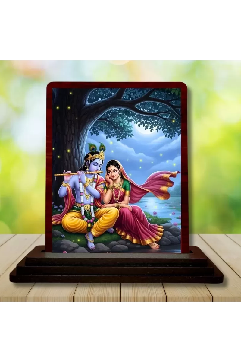 Car Desk/Table Top Radha Krishna Wooden Photo Stand  3x4 Inches, Compact & Stylish Spiritual Display For Car, Home & Office (Pack Of 1) (F14273)