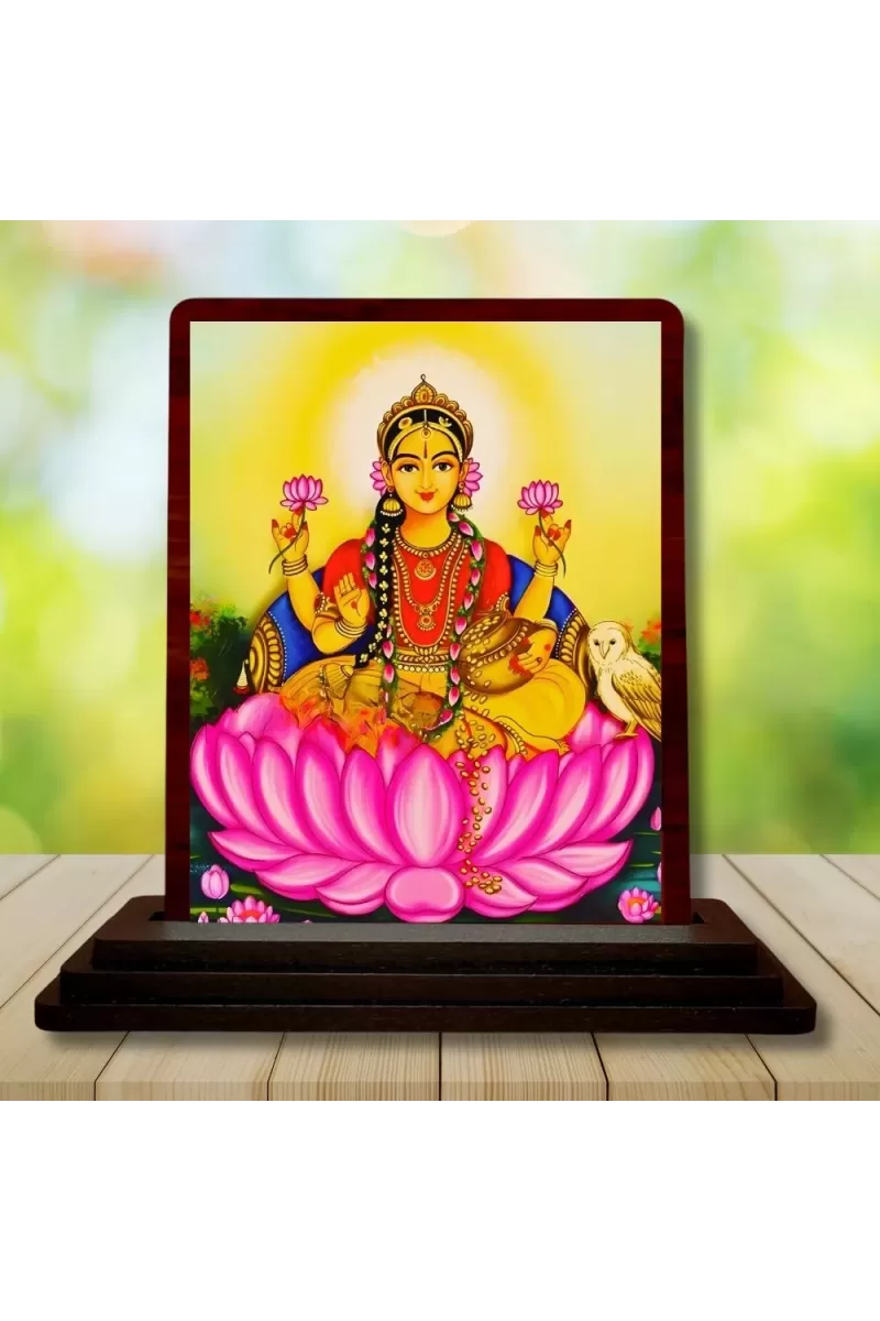 Car Desk/Table Top Goddess Lakshmi Wooden Photo Stand  3x4 Inches, Compact & Stylish Spiritual Display For Car, Home & Office (Pack Of 1) (F14276)