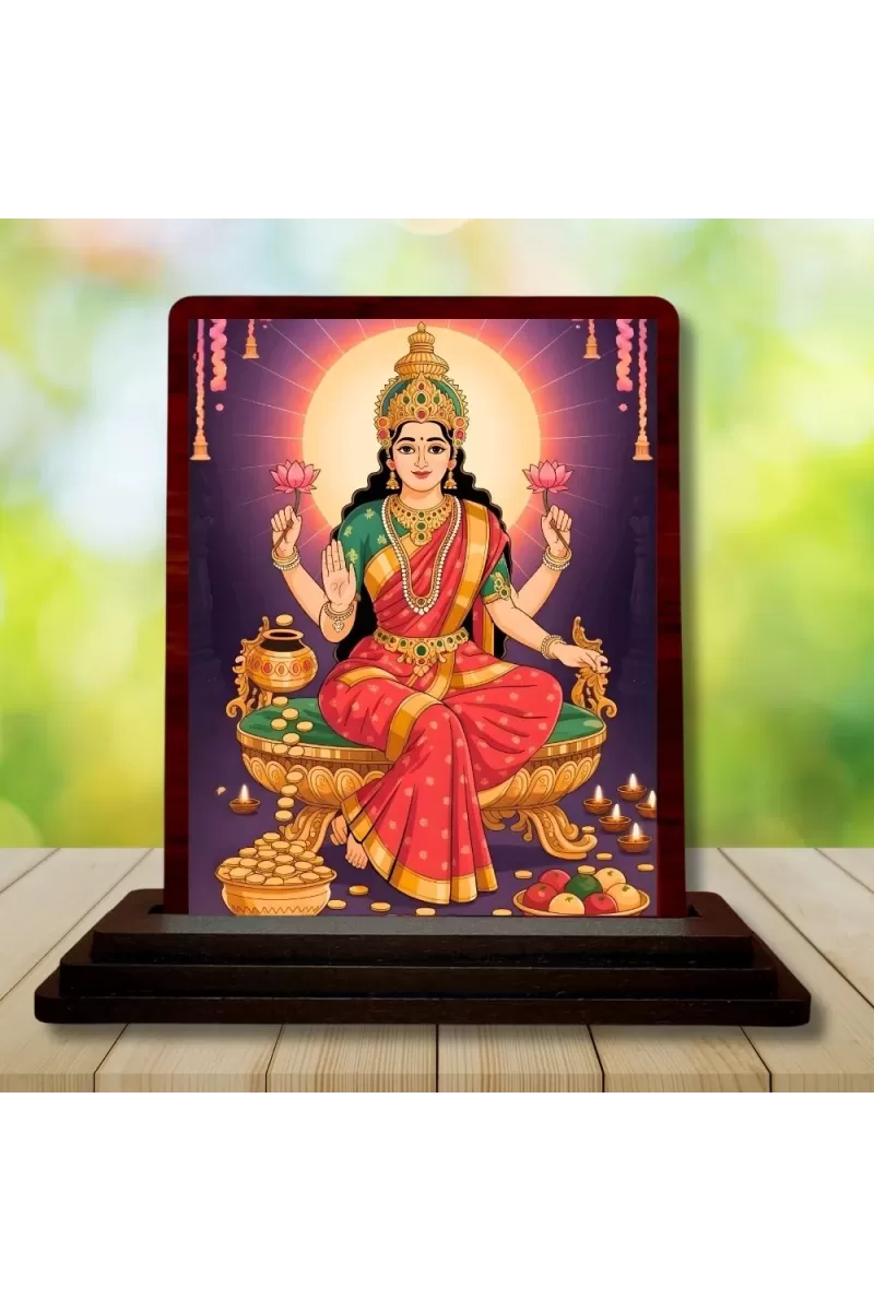 Car Desk/Table Top Goddess Lakshmi Wooden Photo Stand  3x4 Inches, Compact & Stylish Spiritual Display For Car, Home & Office (Pack Of 1) (F14277)